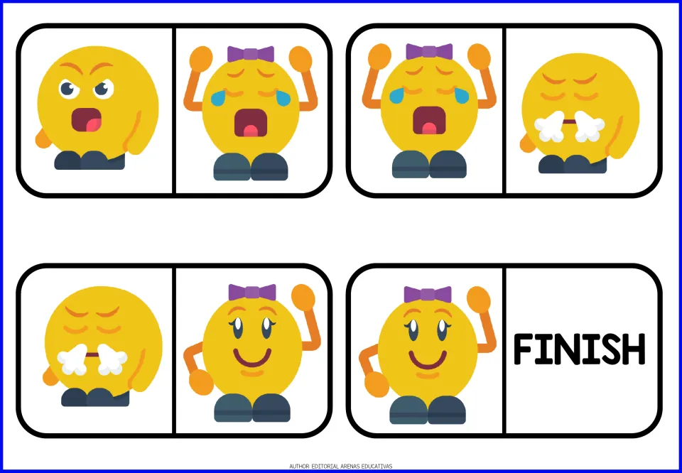 Emoji dominoes 9-12: cut-out pieces matching angry, crying and huffing faces, ending with a smiling bow emoji and FINISH