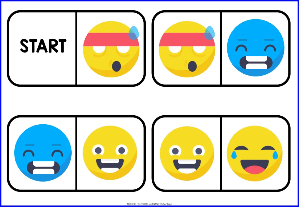 Emoji domino cards: START piece plus three dominoes matching a sweaty headband face, blue grinning face and laughing faces