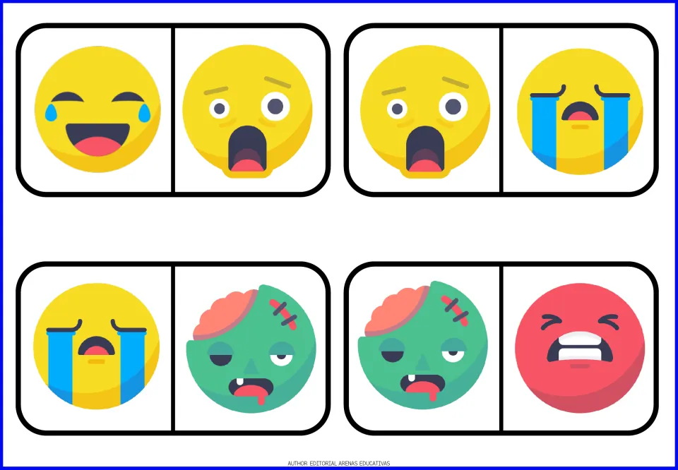 Emoji dominoes to cut out: tears of joy, shocked, crying, zombie and angry red faces, each linked by a matching half