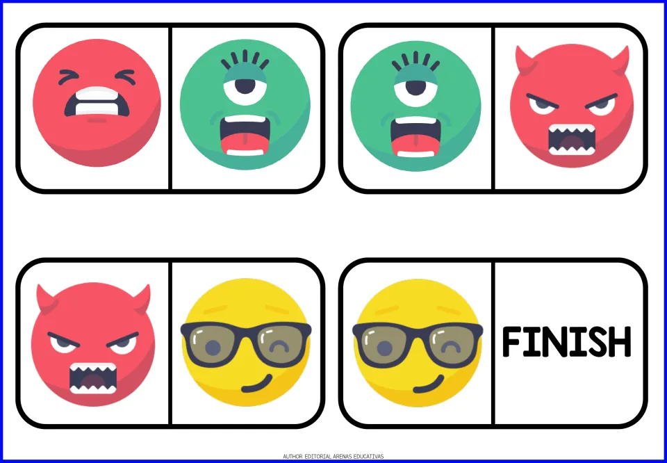 Final emoji dominoes: angry, one-eyed monster, devil and sunglasses faces, ending with the FINISH piece for matching