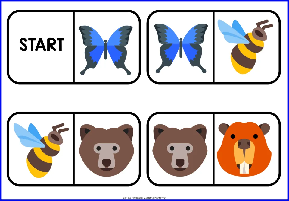 Animal domino pieces 1–4: START/butterfly, butterfly/bee, bee/bear and bear/beaver begin the matching chain