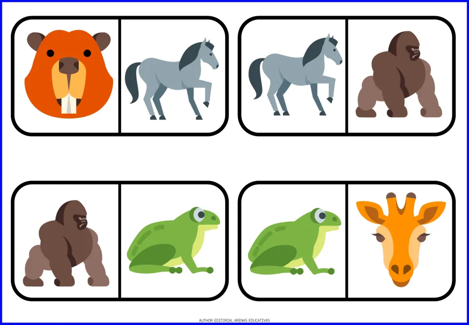 Animal domino pieces 5–8: beaver/horse, horse/gorilla, gorilla/frog and frog/giraffe continue the chain