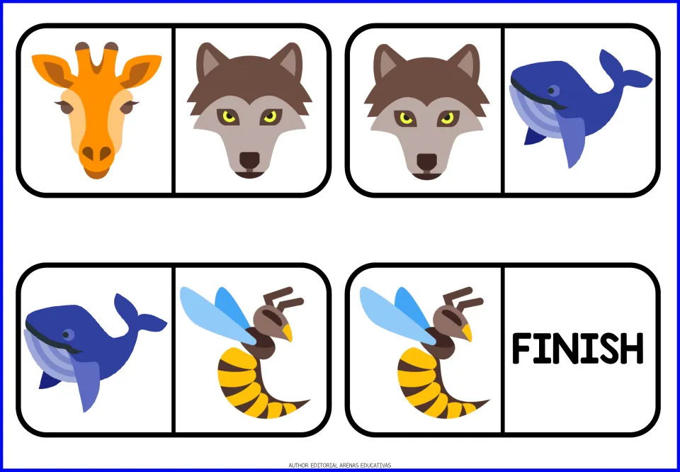 Animal domino pieces 9–12: giraffe/wolf, wolf/whale, whale/wasp and wasp/FINISH complete the matching chain