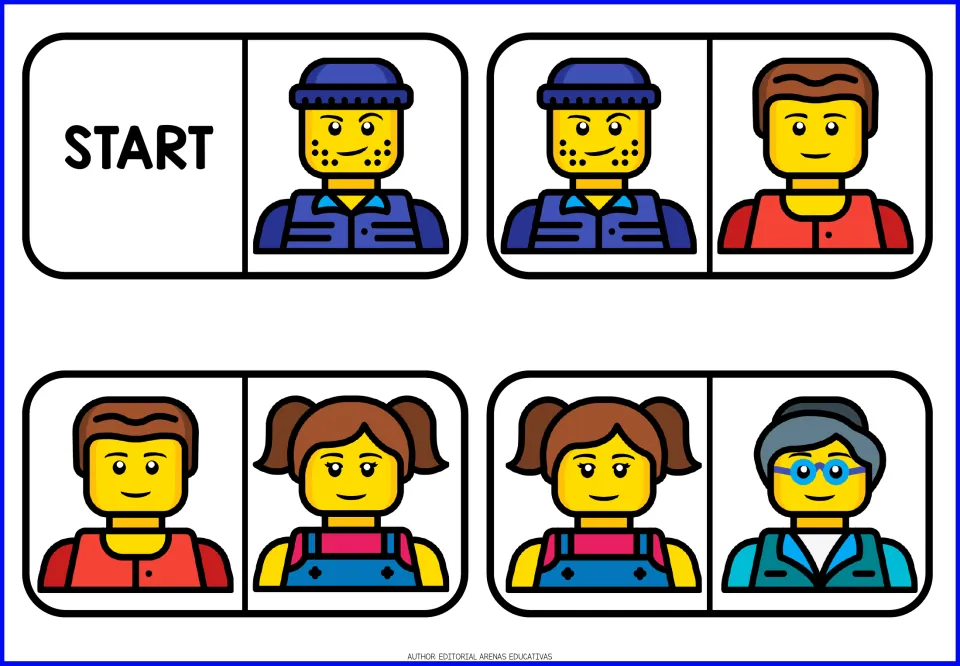 Domino pieces 1–4: START, a blue-hatted man, a brown-haired man, a girl, and a woman wearing glasses