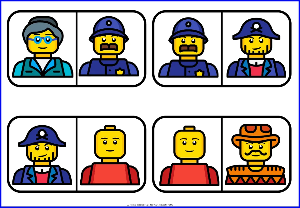 Domino pieces 5–8: a woman wearing glasses, a police officer, a pirate, a bald figure, and a cowboy