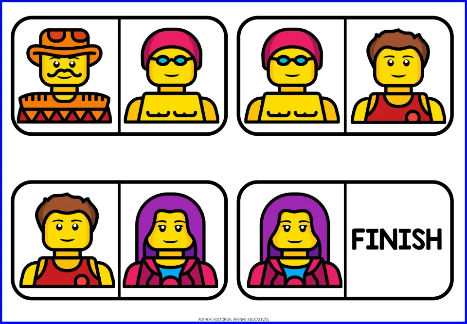 Domino pieces 9–12: a cowboy, a swimmer, a brown-haired athlete, a purple-haired woman, and FINISH