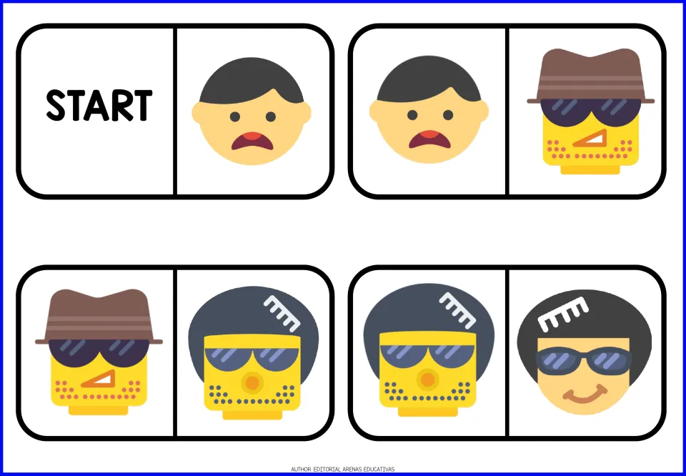 Emoji domino pieces 1–4: START, a worried face, a brown hat face and two faces wearing sunglasses