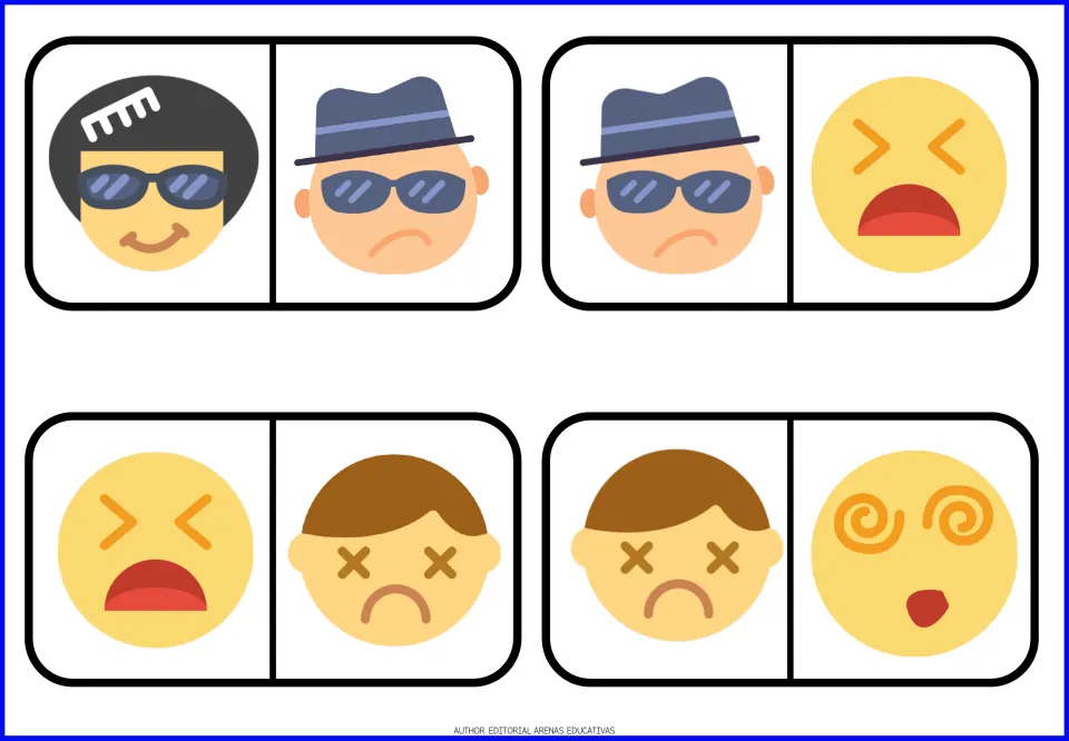 Emoji domino pieces 5–8 link sunglasses faces, a blue hat face, a crying face, X eyes and spiral eyes