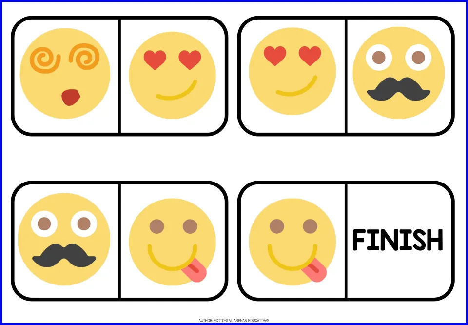 Emoji domino pieces 9–12 link spiral eyes, heart eyes, a mustache and a tongue-out face, ending at FINISH