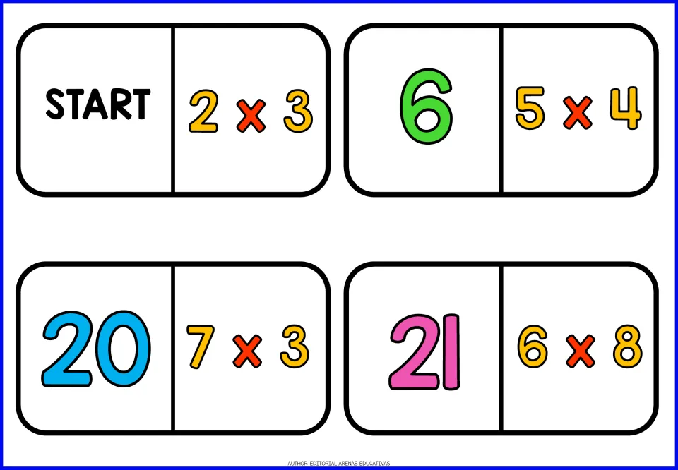Opening domino tiles to cut out: players begin at Start, solve 2 x 3, then find the tile showing 6 to continue the chain