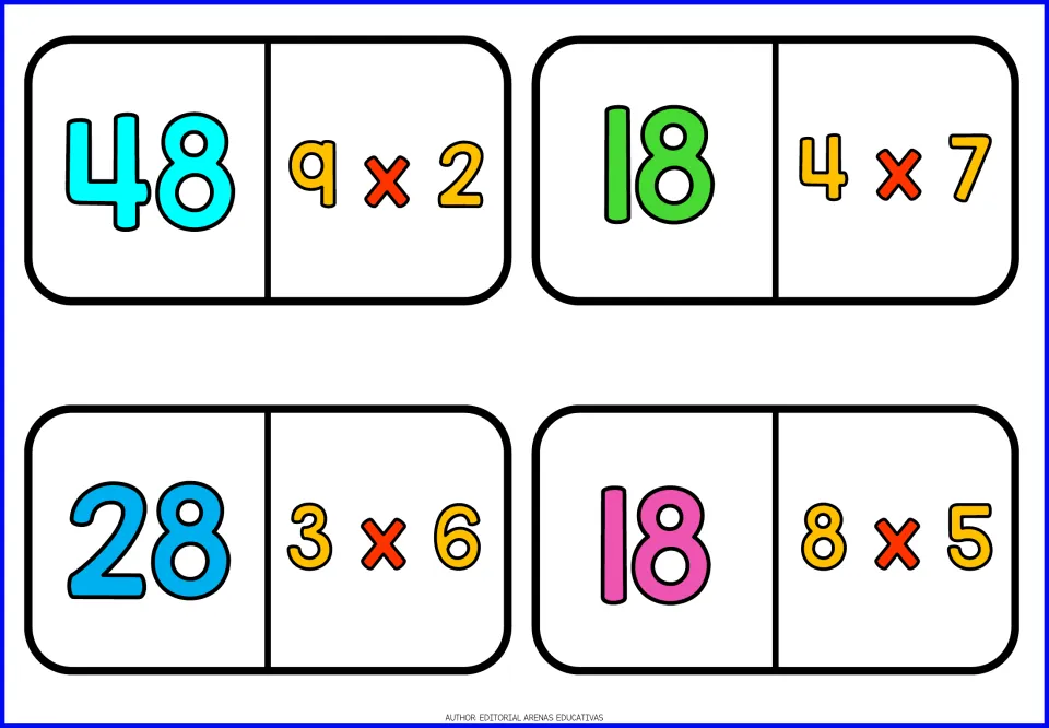 Middle domino tiles pair answers 48, 18, 28 and 18 with facts such as 9 x 2 and 4 x 7; match each fact to its product