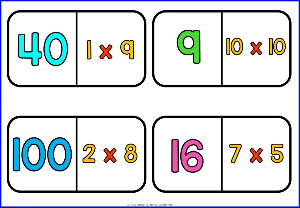 More domino tiles include 10 x 10 beside 9 and 100 beside 2 x 8; players join tiles by matching each fact to its answer