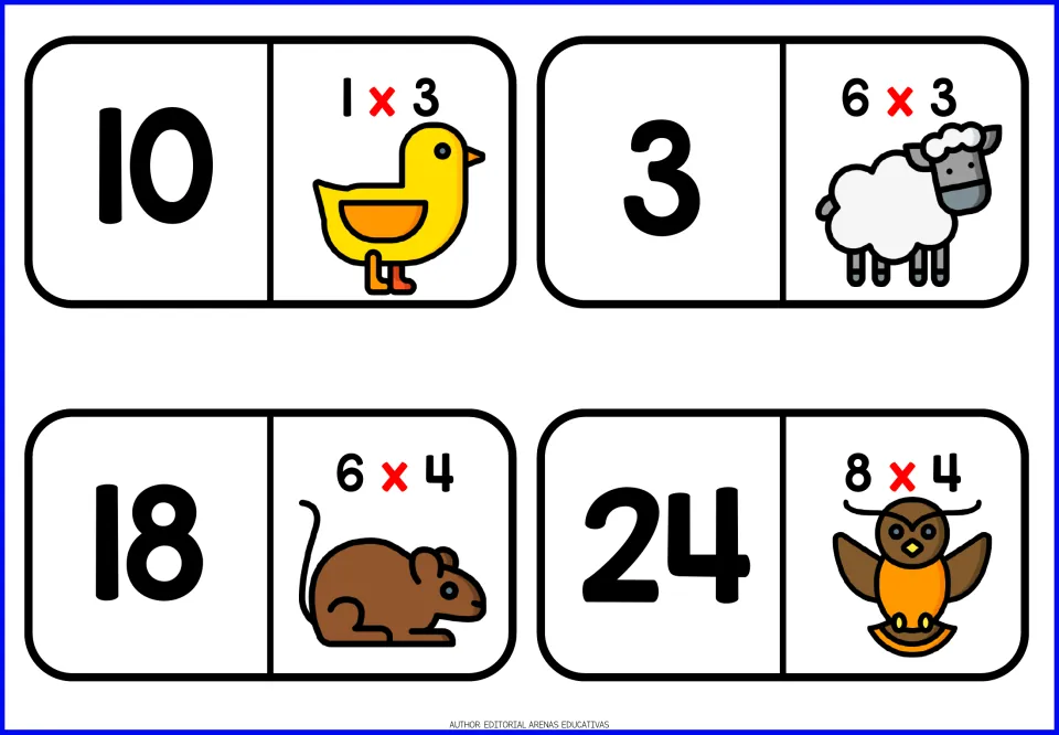 Dominoes for 3s and 4s facts: cards show 10, 3, 18 and 24 beside 1x3, 6x3, 6x4 and 8x4 with animal pictures