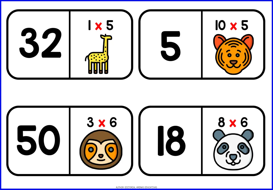 Dominoes for 5s and 6s facts: numbers 32, 5, 50 and 18 sit next to 1x5, 10x5, 3x6 and 8x6 with giraffe and tiger