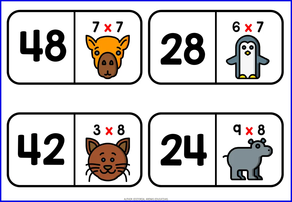Dominoes for 7s and 8s facts: numbers 48, 28, 42 and 24 beside 7x7, 6x7, 3x8 and 9x8 with camel, penguin and cat
