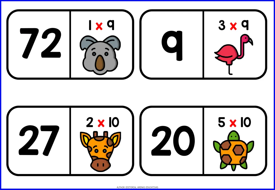 Dominoes for 9s and 10s facts: numbers 72, 9, 27 and 20 next to 1x9, 3x9, 2x10 and 5x10 with koala and flamingo