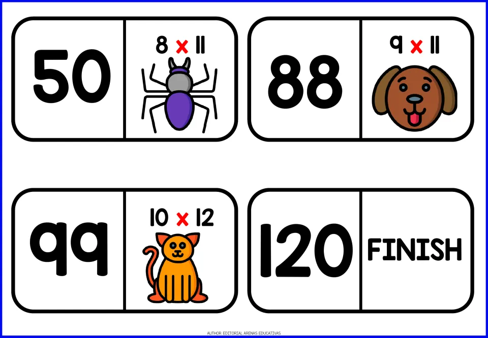 Final dominoes for 11s and 12s: numbers 50, 88, 99 and 120 with 8x11, 9x11 and 10x12, ending on the FINISH card