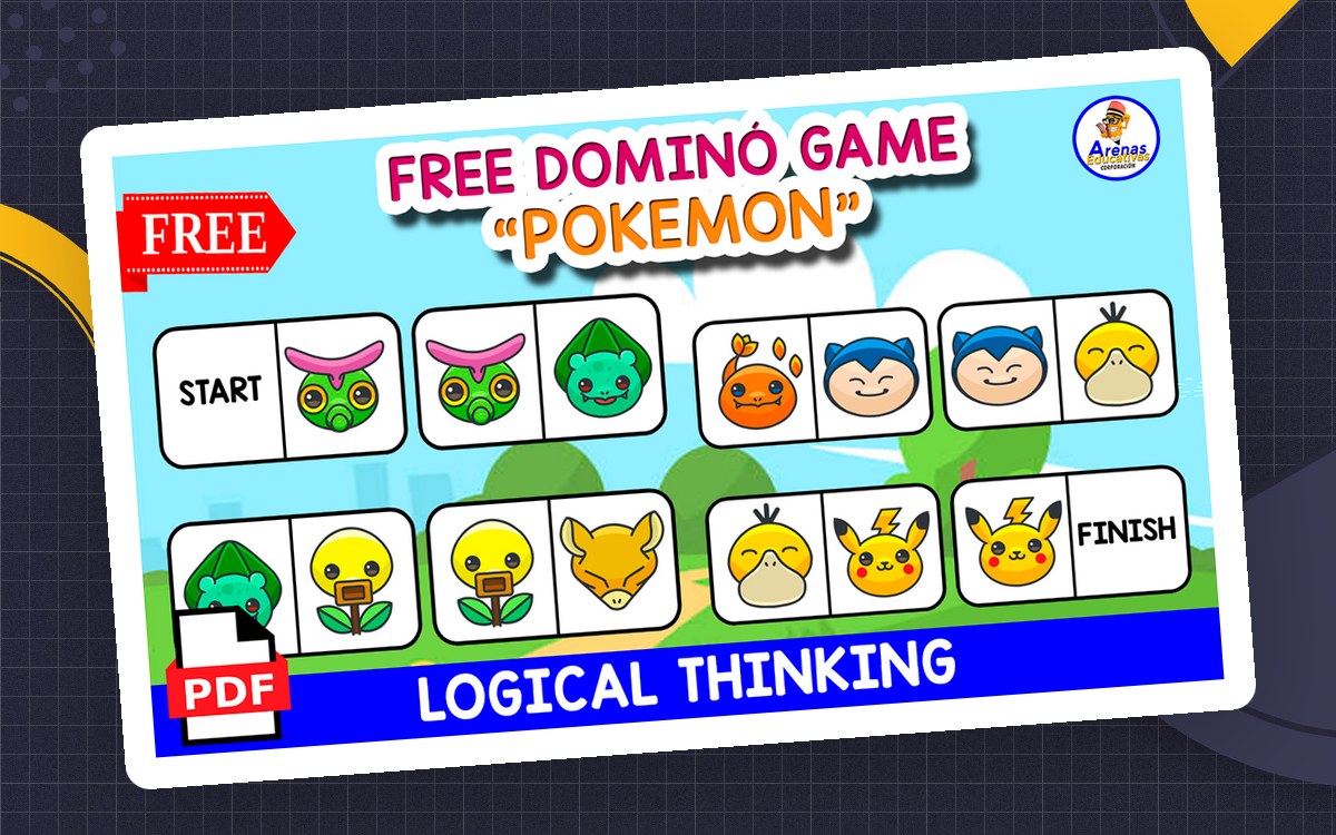 Free Pokémon-themed domino game cover with a path of colorful character tiles from start to finish.