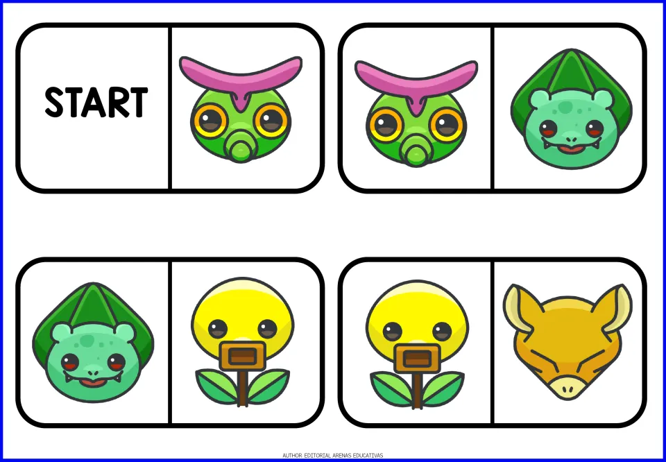 Picture-matching dominoes: START tile plus three pieces pairing cartoon creature faces so each end matches the next