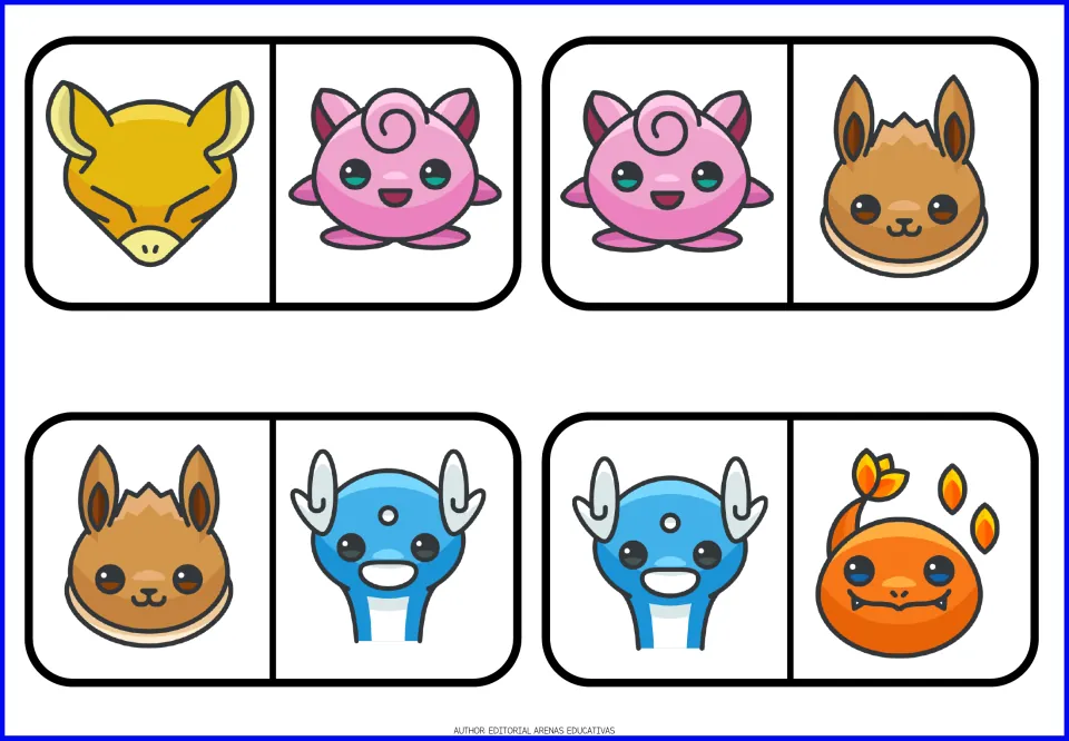 Middle domino pieces: four cards linking pink, brown, blue and orange creature faces for students to match in order