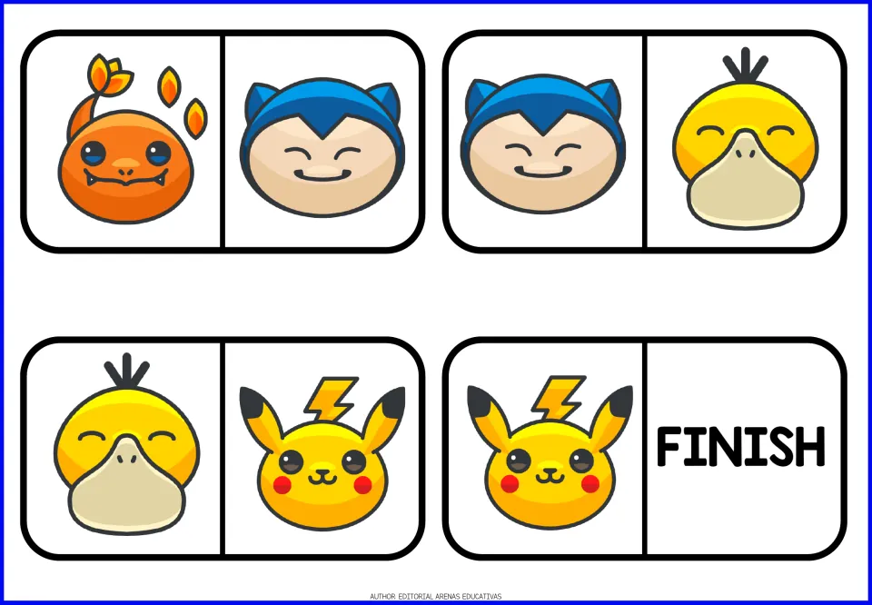 Final domino pieces: four cards pairing creature faces, including Pikachu, and ending on the FINISH tile