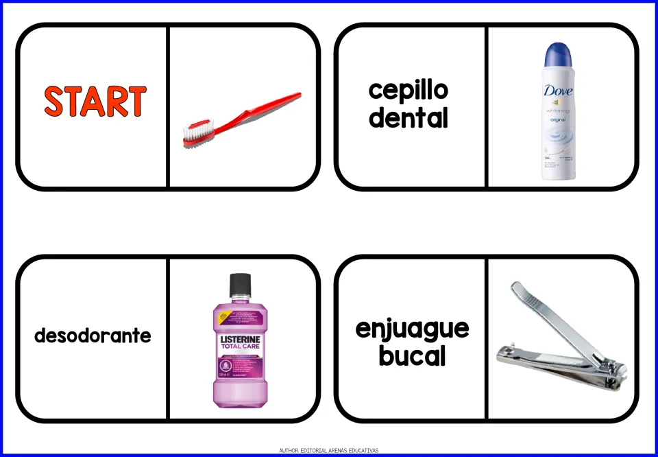 Toiletries domino cards 1–4: START, cepillo dental (toothbrush), desodorante and enjuague bucal, with photos