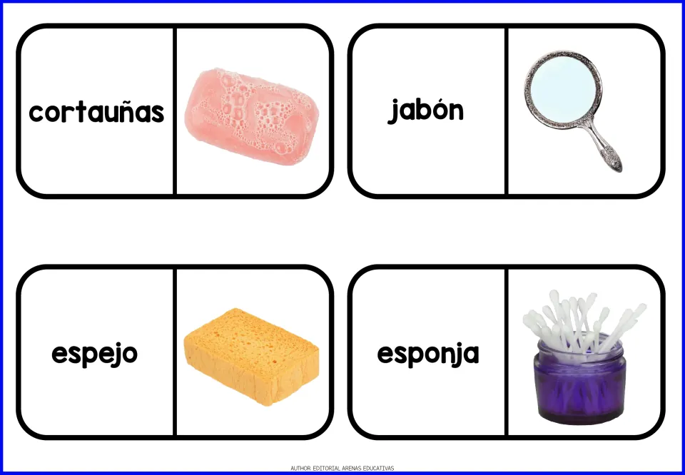 Toiletries domino cards 5–8: corta uñas (nail clippers), jabón (soap), espejo (mirror) and esponja (sponge)