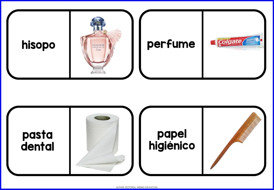 Toiletries domino cards 9–12: hisopo (cotton swab), perfume, pasta dental and papel higiénico, with photos
