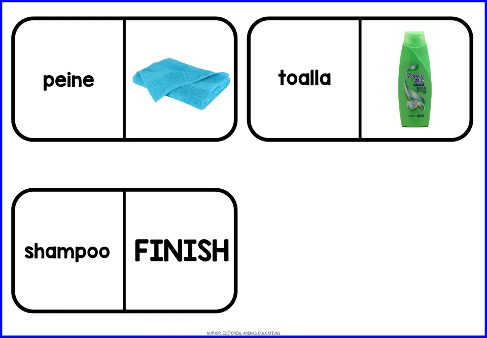 Toiletries domino cards 13–15: peine (comb), toalla (towel), shampoo and FINISH, with towel and shampoo photos