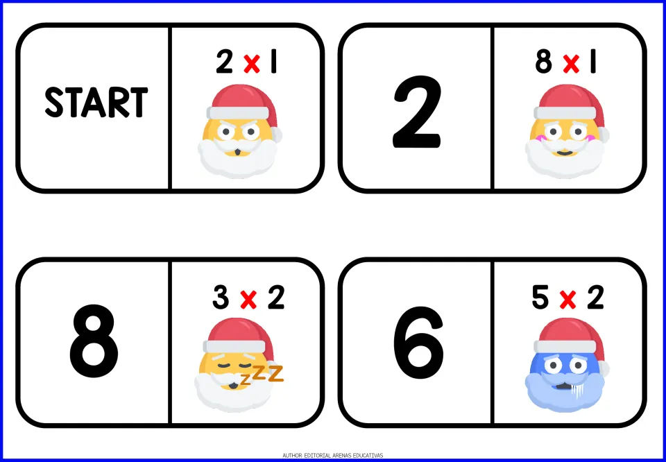 Santa multiplication dominoes: START card with 2 x 1, then answers 2, 8 and 6 paired with facts 8 x 1, 3 x 2 and 5 x 2