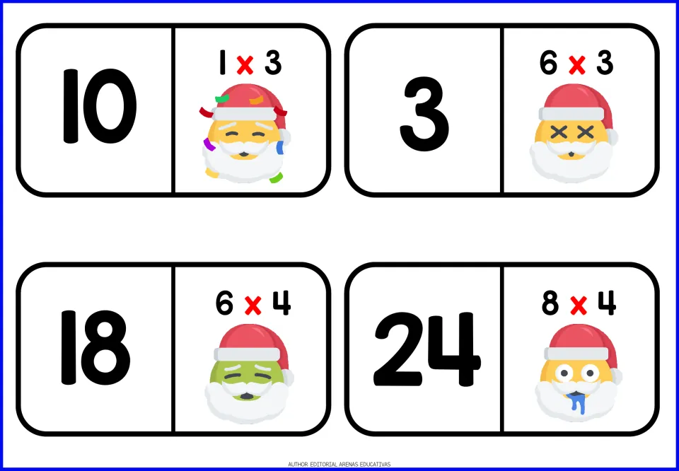 Santa dominoes matching products to facts: answers 10, 3, 18 and 24 paired with 1 x 3, 6 x 3, 6 x 4 and 8 x 4
