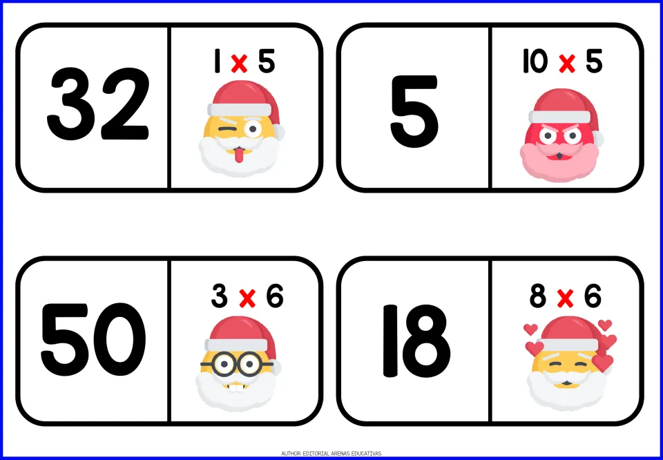 Multiplication dominoes with Santa faces: answers 32, 5, 50 and 18 paired with facts 1 x 5, 10 x 5, 3 x 6 and 8 x 6