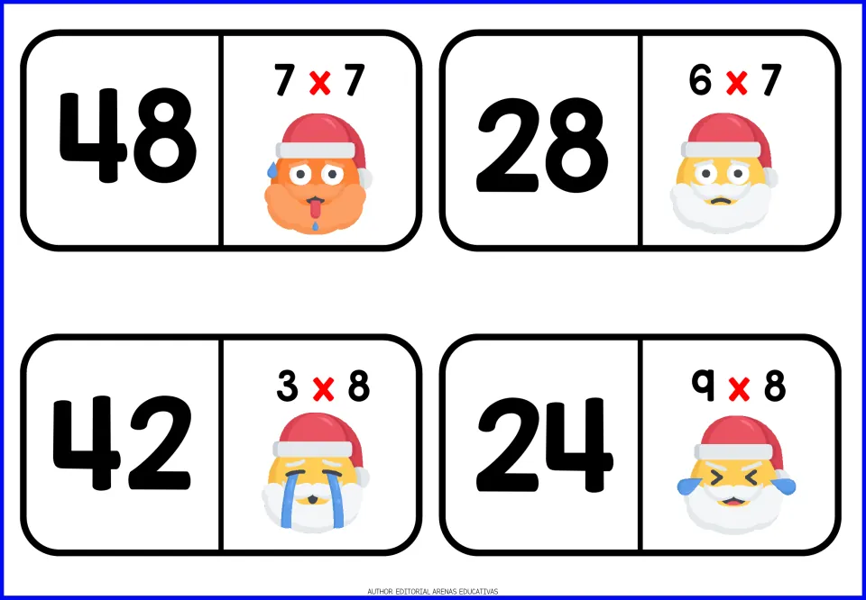 Santa dominoes for 7s and 8s facts: answers 48, 28, 42 and 24 paired with 7 x 7, 6 x 7, 3 x 8 and 9 x 8