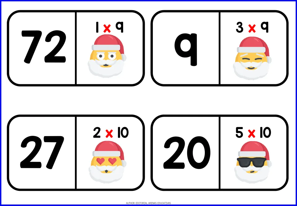 Multiplication dominoes for 9s and 10s: answers 72, 9, 27 and 20 paired with facts 1 x 9, 3 x 9, 2 x 10 and 5 x 10