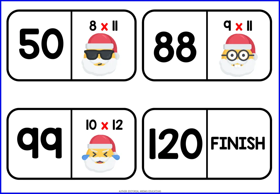 Final Santa dominoes: answers 50, 88 and 99 with 8 x 11, 9 x 11 and 10 x 12, ending on a 120 card marked FINISH