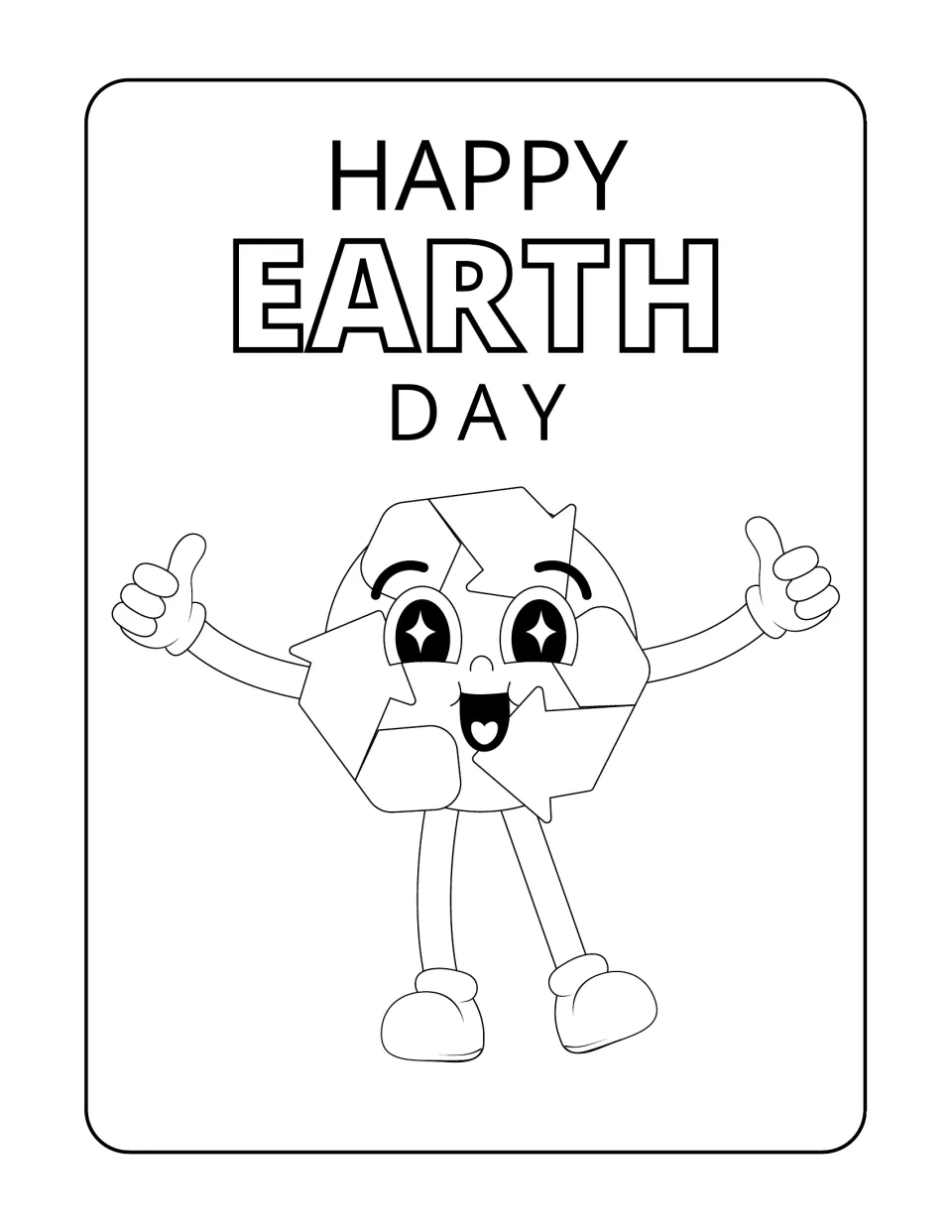 Happy Earth Day coloring page: students color a smiling recycling-symbol character giving two thumbs up