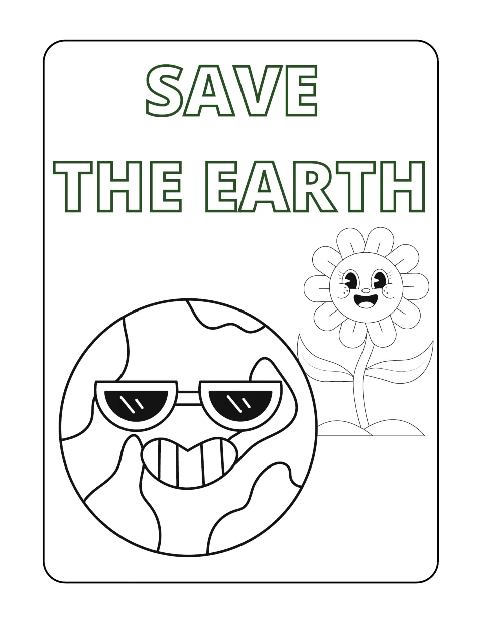 Save the Earth coloring page: students color a grinning globe in sunglasses beside a smiling flower