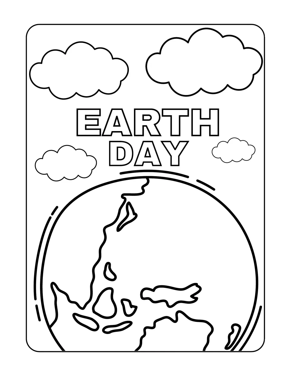 Earth Day coloring page: students color a large globe showing continents beneath puffy clouds