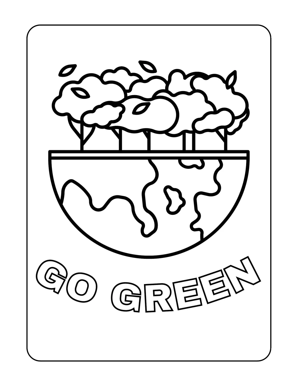 Go Green coloring page: students color a half globe topped with a row of leafy trees