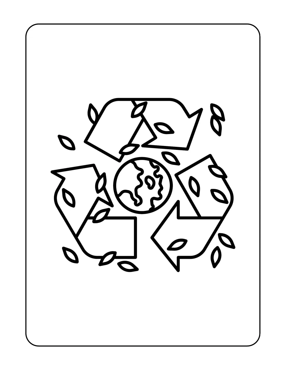 Recycling coloring page: students color three recycling arrows circling a small globe amid leaves