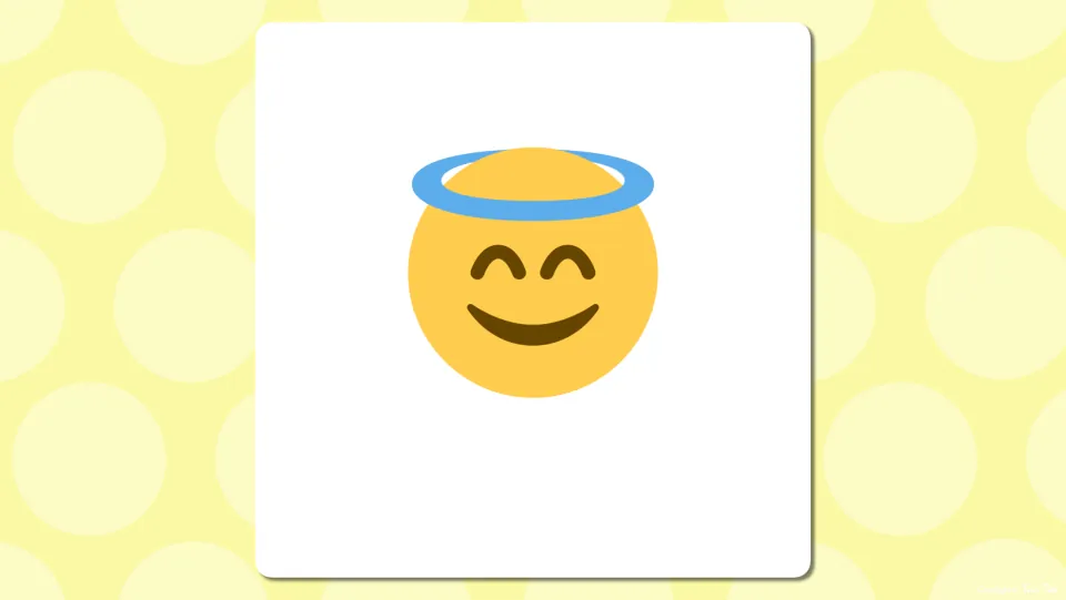 Emoji vocabulary picture slide: a smiling face with a blue halo shown alone so students can name the word before the reveal