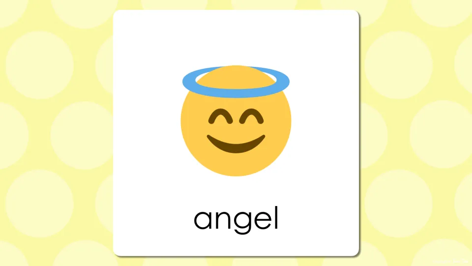 Emoji vocabulary word slide: the smiling haloed face is now labeled angel, revealing the word students tried to name