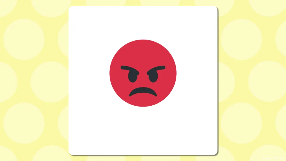 Emoji vocabulary picture slide: a red face with a frown and slanted brows, shown unlabeled so students guess the feeling