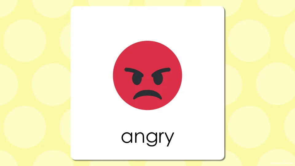 Emoji vocabulary word slide: the red frowning face is labeled angry, confirming the feeling word for students to read