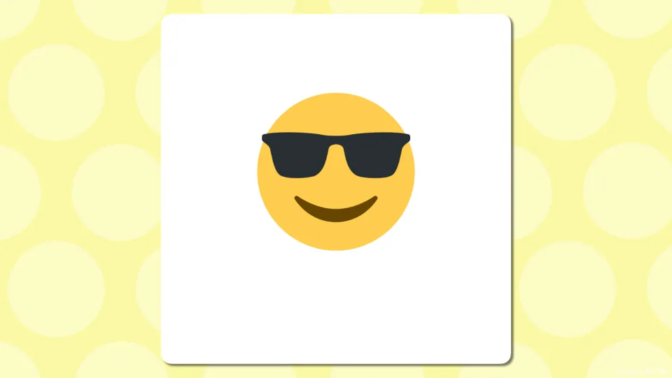 Emoji vocabulary picture slide: a smiling yellow face in dark sunglasses, shown without its word for students to guess