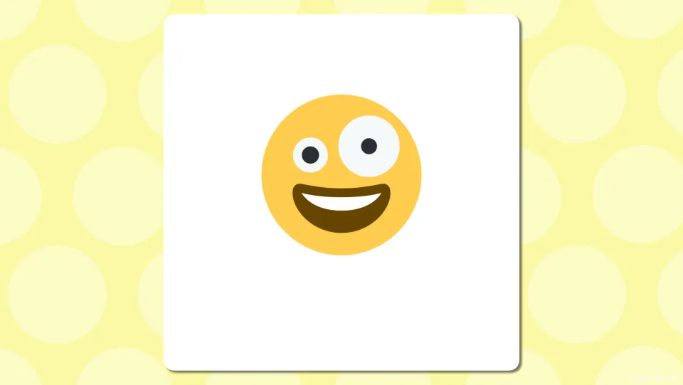 Emoji vocabulary picture slide: a grinning face with one small and one large eye, unlabeled for students to name first