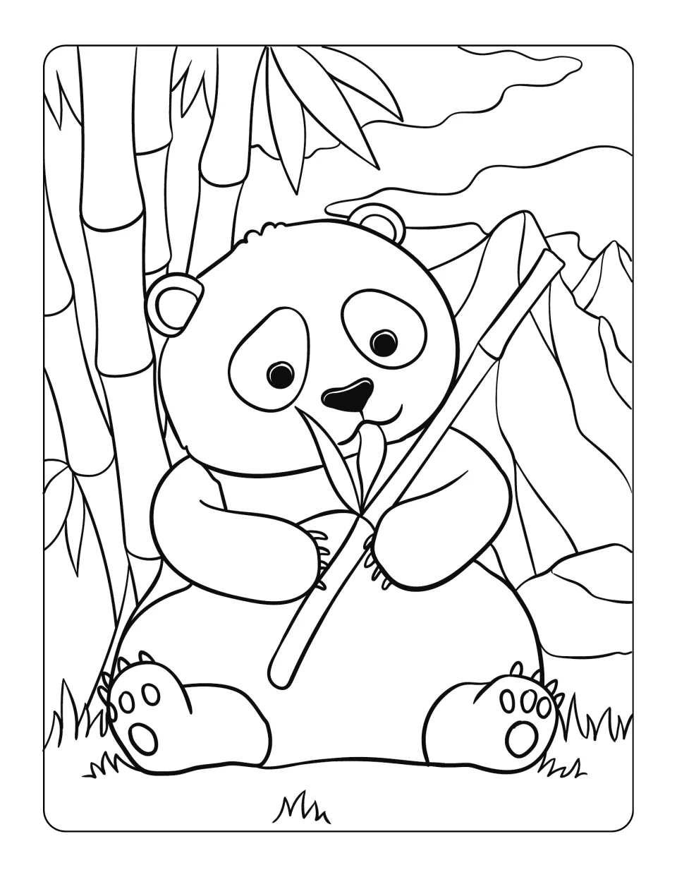 Panda coloring activity accompanying the reading passage, showing a panda holding bamboo near mountains