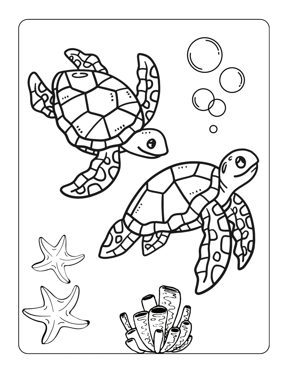 Sea turtle coloring activity accompanying the reading passage, showing two turtles swimming above sea stars