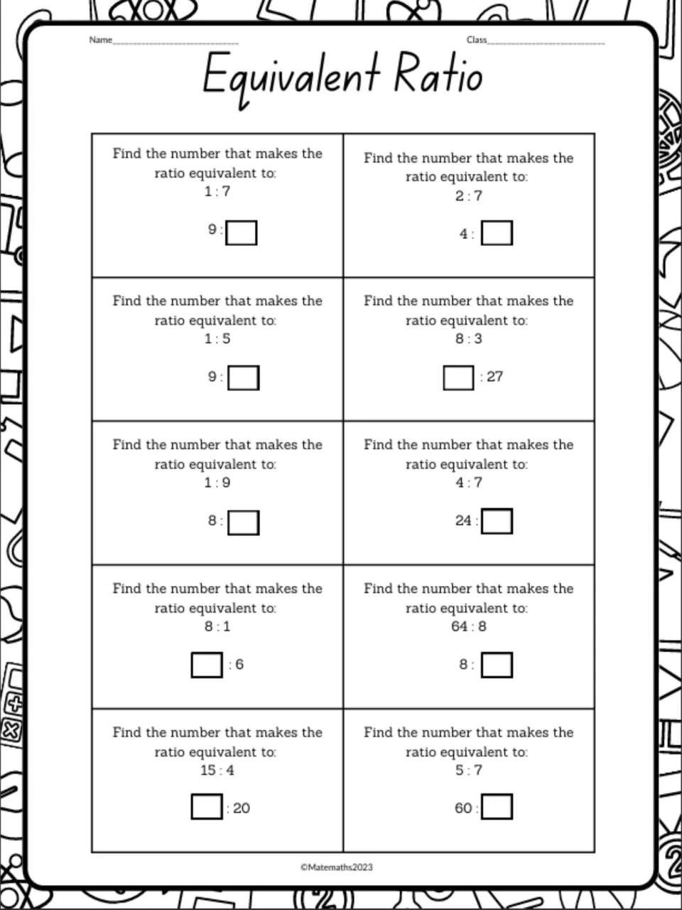 Equivalent ratio practice 2: students fill in the missing term for 10 more pairs, from 1:7 = 9:? to 5:7 = 60:?