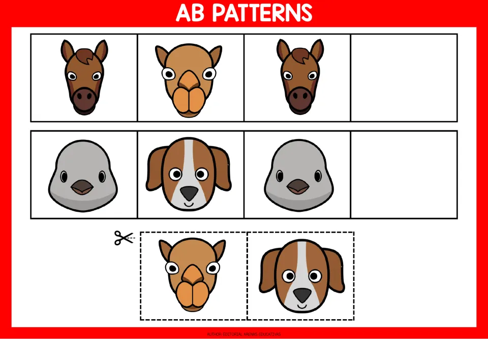AB patterns with animal faces: students continue horse-camel and bird-dog rows by cutting and gluing the next face